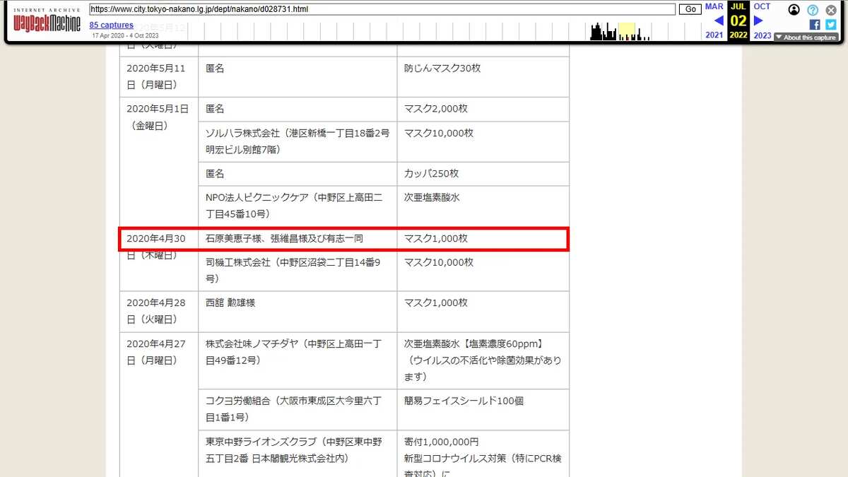 中野区口罩1,000枚捐赠公开记录